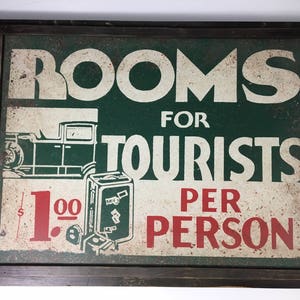Rooms For Tourists Vintage Faux Tin Framed Cabin Sign