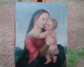 Rare Antique Biblical Old Master Portrait Oil Painting On Wood Panel/Board "TEMPI MADONNA" Madonna And Child Manner Of Rapheal Art Very Old