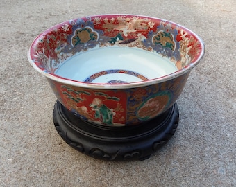 Antique Japanese Imari Arita Painted Porcelain Punch Bowl Imperial Figures Old Rare