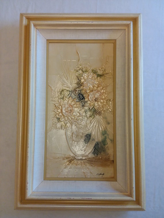 ヴィンテージオリジナル絵画 イタリア印象派 V.Marelli 花の静物画