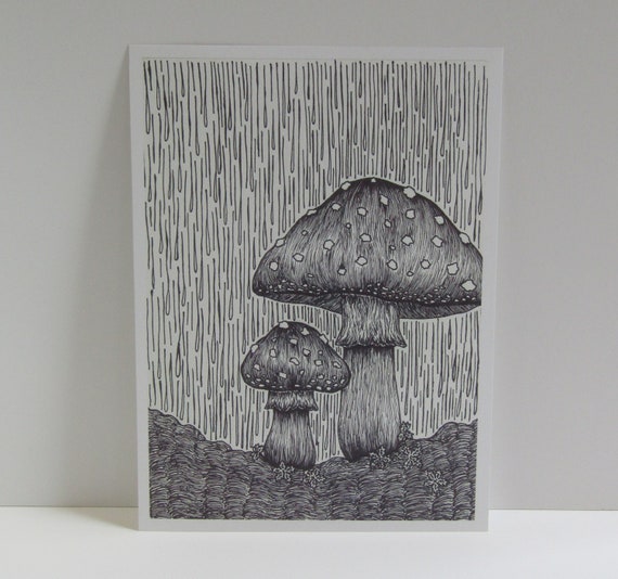 Forest Floor Original Pen And Ink Drawing Of 2 Mushrooms Original Print