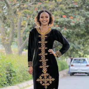 Cute Dress, Black dress, Tunic Dress, Ethiopian dress, Habesha dress, Boho gold embroidery black dress, Habesha clothes, Eritrean gift.