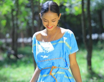 Blue Cotton Habesha Dress: Eritrean Ethiopian Summer Outfit