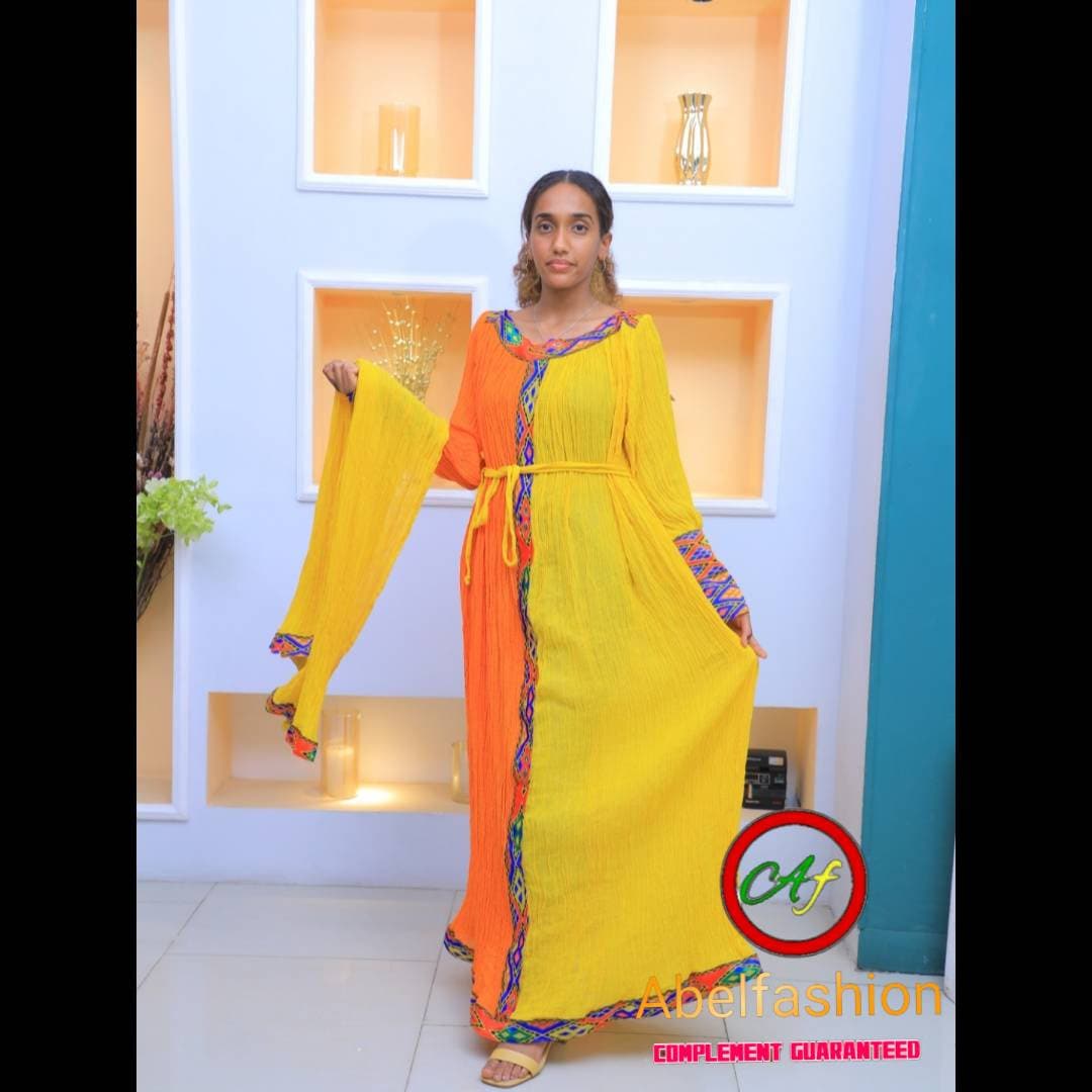 【関税&送料込】ISPIRED BY AKEP Dresses Yellow Exquisite Yellow Traditional Habesha Dress /geez New Year