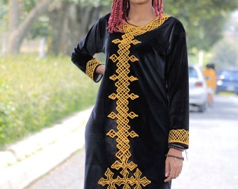 Black Habesha Dress, Gold Embroidery Tunic, Boho Style Ethiopian Clothing Black Habesha Dress, Gold Embroidery Tunic, Boho Style Ethiopian Clothing