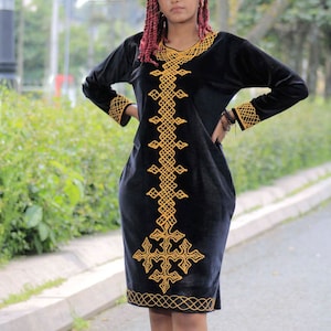 Cute Dress, Black dress, Tunic Dress, Ethiopian dress, Habesha dress, Boho gold embroidery black dress, Habesha clothes, Eritrean gift.