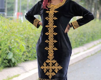 black and gold habesha dress Gold Habesha Dress Black Embroidery Ethiopian Kemis for Weddings and Cultural Celebrations