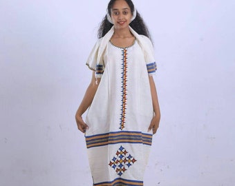 Cotton Habesha Kemis Dress: Eritrean Wedding Cloth with Netela & Mekenet