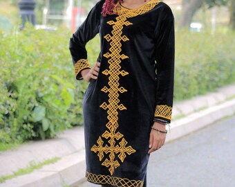 Black Habesha Dress, Gold Embroidery Tunic, Boho Style Ethiopian Clothing -  Etsy