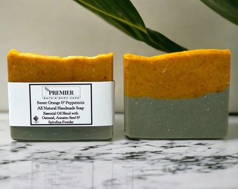 Handmade Sweet Orange & Peppermint Soap Bar, All Natural Vegan Oatmeal Soap Gentle for all Skin Types, Self Care Gift