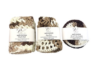 Handmade Cotton Spa Set | Multi-Browns Cotton Washcloth, Soap Saver, Face Scrubbies