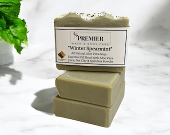 Handmade Winter Spearmint Soap Bar, Aloe Vera Soap, All Natural Vegan Soap Gentle for all Skin Types, Self Care Gift