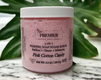 Pink Cotton Candy Whipped Sugar Scrub Soap, Paraben and Cruelty Free, 3-in-1- Exfoliate, Cleanse, & Moisturize Body Scrub Soap, Gift for Her