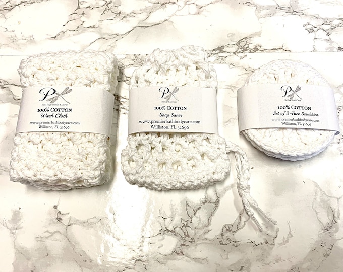 Crochet Cotton Spa Set | Eco Friendly | 100% White Cotton Washcloth, Soap Saver, Face Scrubbies | No Waste
