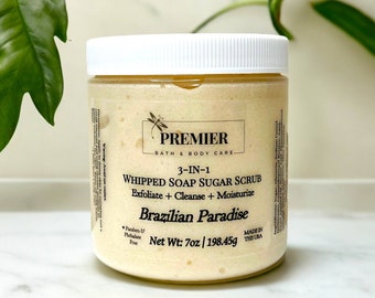 Brazilian Paradise Whipped Sugar Scrub Soap, Moisturizing body Scrub Soap, 3-in-1- Exfoliate, Cleanse, & Moisturize Body Scrub, Body Polish