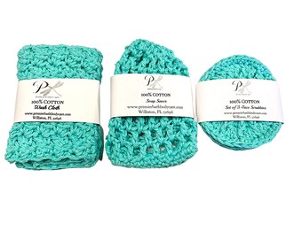 Handmade Cotton Spa Set | Turquoise Cotton Washcloth, Soap Saver, Face Scrubbies