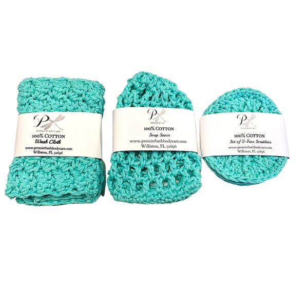 Handmade Cotton Spa Set | Turquoise Cotton Washcloth, Soap Saver, Face Scrubbies