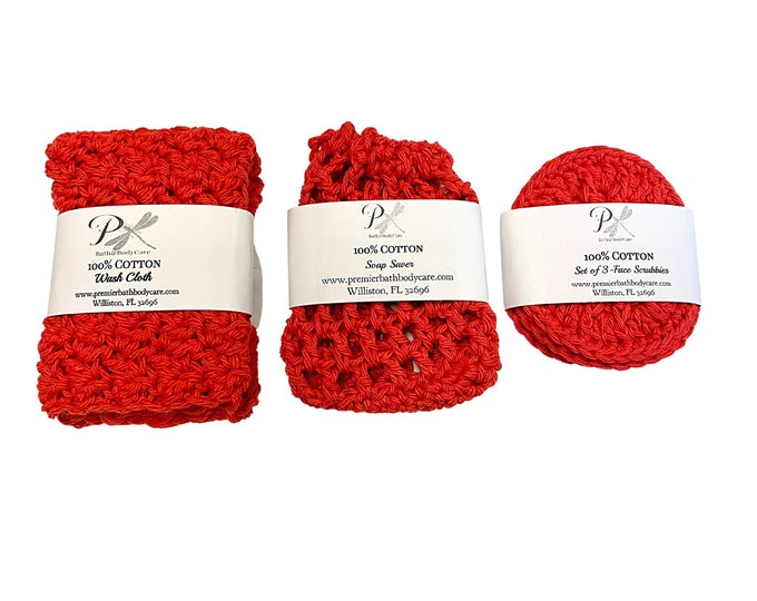 Handmade Cotton Spa Set | Red Cotton Washcloth, Soap Saver, Face Scrubbies