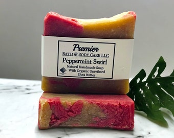 Peppermint Swirl Natural Handmade Soap, Holiday Scented Soap Bars, Christmas Soap