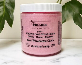 Sour Watermelon Candy Whipped Sugar Scrub Soap, Moisturizing body Scrub Soap, 3-in-1- Exfoliate, Cleanse, & Moisturize Body Scrub