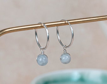 sterling silver aquamarine hoop earrings, march birthstone earrings, pisces gemstone earrings, something blue gift