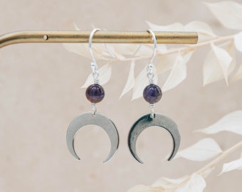 Luna amethyst moon drop earrings, sterling silver earring hooks, upcycled gemstone, february birthstone, 6th wedding anniversary gift