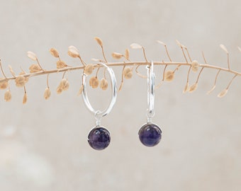 Orbit amethyst hoop earrings, sterling silver hoop earrings with amethyst charm ~ amethyst earrings ~ gift for her ~ amethyst orbit hoops