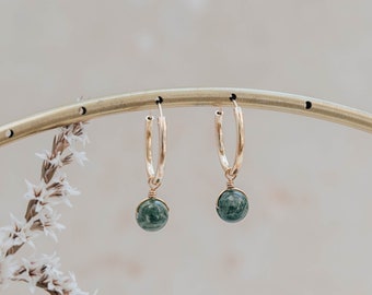 Orbit olive jade silver hoop earrings ~ olive green jade earrings ~ small silver hoops ~ natural jade earrings ~ olive green autumn jewelry