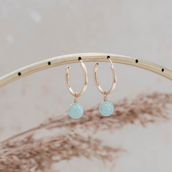 Pale aqua jade charm hoop earrings ~ choose gold filled hoops, sterling silver hoops, rose gold filled hoops ~ real green jade 'orbit' hoop