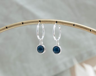 Sterling silver hoop earrings with wire wrapped lapis lazuli charm, lapis lazuli earrings, gemstone hoop earrings, september birthstone gift