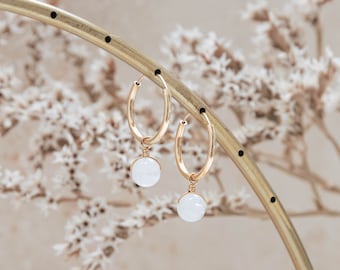 Orbit gold moonstone hoop earrings ~ natural rainbow moonstone ~ simple gemstone hoops ~ small gold hoops ~ 15mm gold hoops ~ gift for her