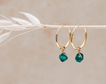 Emerald green hoop earrings, gold filled hoop earrings, may birthstone earrings, may birthday gift, emerald swarovski crystal