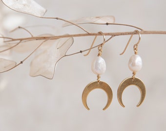 Luna pearl earrings, gold moon and upcycled freshwater pearl earrings, june birthstone earrings, winter wedding jewellery