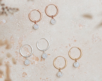 Orbit hoop moonstone earrings ~ natural rainbow moonstone ~ simple gemstone hoops ~ small silver hoops, small gold hoops, gift for her
