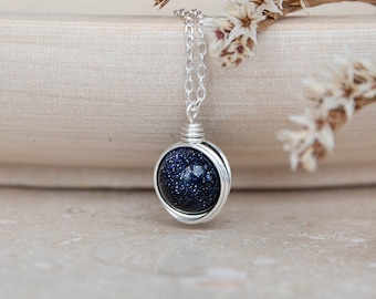 Eva blue goldstone sterling silver necklace with infinity wire wrapping ~ upcycled gemstone necklace ~ choose silver or gold