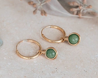 Infinity gold hoop earrings with upcycled green Jade charm, real green Jade earrings, small gold hoops, natural green jade gemstone earrings