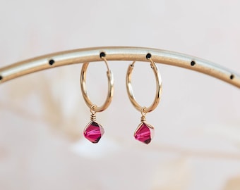 July birthstone gift ~ ruby swarovski crystal gold filled or sterling silver hoop earrings ~ july birthday gift for her