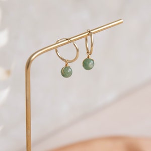 real green jade hoop earrings, small gold hoop earrings with gemstone charm, gift for friend