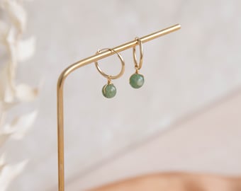 Small Hoop Earrings with Upcycled Natural Jade Charm, Sterling Silver or 18K Gold Plated, stone of luck and friendship