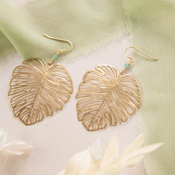 Monstera leaf earrings with dainty jade bead ~ gold filled or sterling silver earring hooks ~ choose your gemstone