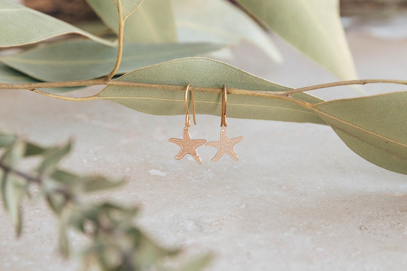 delicate starfish earrings, gold filled earring hooks, sterling silver earring hooks, lightweight charm earrings, seaside gift image 1