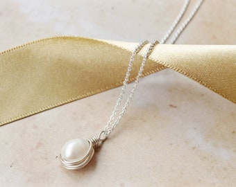 sterling silver freshwater pearl delicate wire wrapped necklace, pearl bridal necklace, june birthstone gift