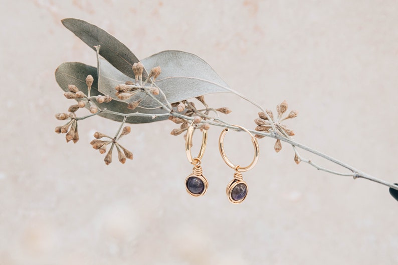 amethyst gold filled hoops, infinity wire wrapped amethyst gemstone charm earrings, february birthstone earrings, 6th wedding anniversary image 1