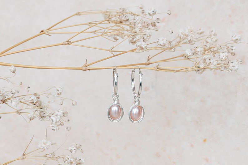 pink pearl sterling silver hoop infinity earrings, natural shell pink pearl, wedding earrings, sterling silver wire wrapped earrings image 1