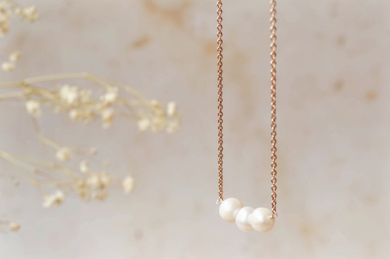 Trio necklace in freshwater pearl triplet necklace made in gold silver or rose gold dainty pearl necklace pearl anniversary gift image 6