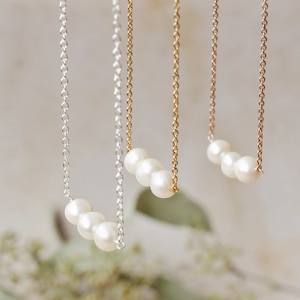 Trio necklace in freshwater pearl triplet necklace made in gold silver or rose gold dainty pearl necklace pearl anniversary gift image 1