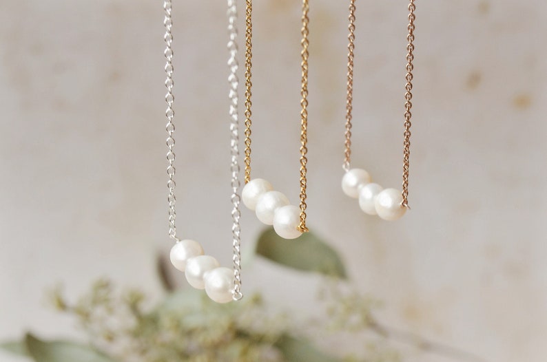 Trio necklace in freshwater pearl triplet necklace made in gold silver or rose gold dainty pearl necklace pearl anniversary gift image 1