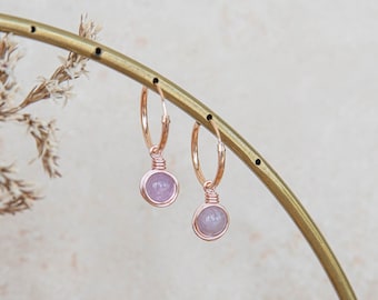 lilac jade wire wrapped rose gold filled earrings, infinity hoop earrings with upcycled gemstone charm, 35th wedding anniversary gift