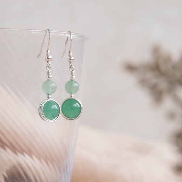 green jade and aventurine sterling silver drop earrings, beautiful gift for friend, healing crystal jewellery love and luck