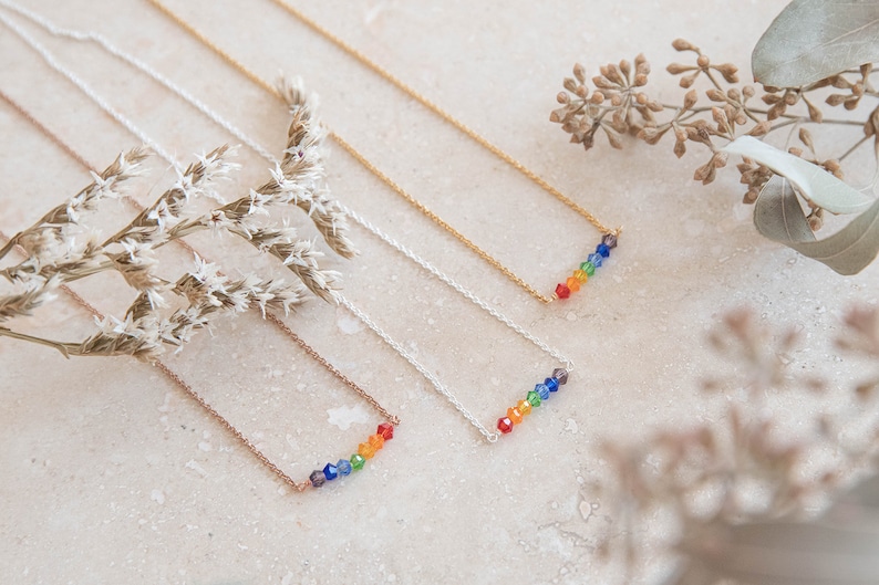 upcycled crystal rainbow necklace, symbol of hope pride luck, delicate sterling silver and gold vermeil chain image 6